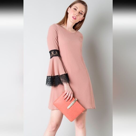 Silky Swing Dress with Black Lace Details - Picture 1 of 7